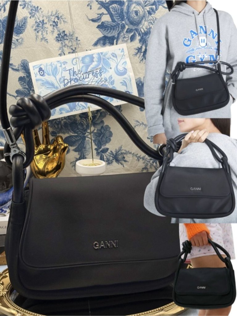 Ganni Nwot Knot Flap Shoulder Bag With Crossbody Strap, Black Nylon